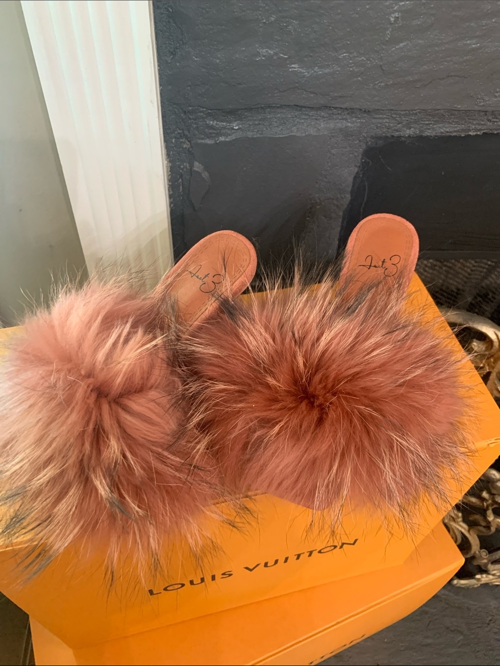 Just 3  Orange Faux Fur Slide Sandals